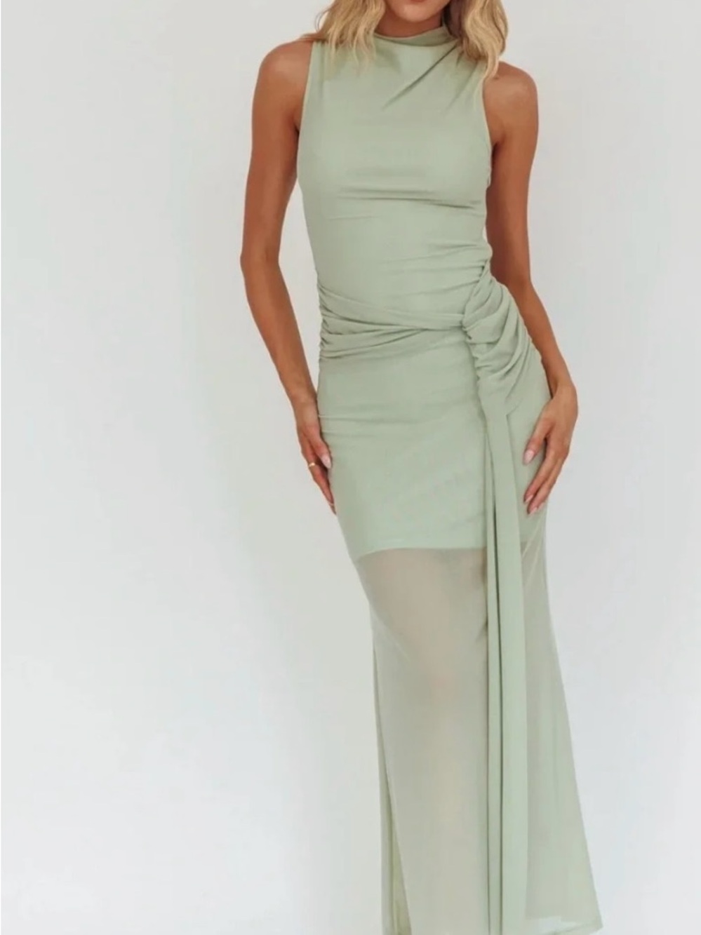 Selfie Leslie Sleeveless Sage Green Ruched Maxi Dress